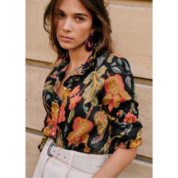 SEZANE Black Orange Dark Floral Printed Lightweight Button Down Pierro Shirt - Picture 9 of 13